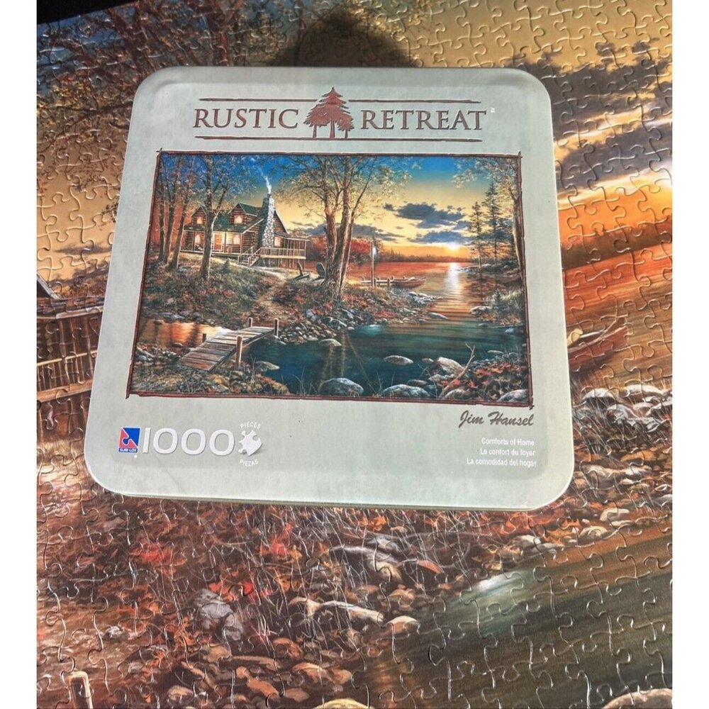 Jim Hansel Art Rustic Retreat Log Cabin Jigsaw Puzzle Tin Box 1000 pc Complete